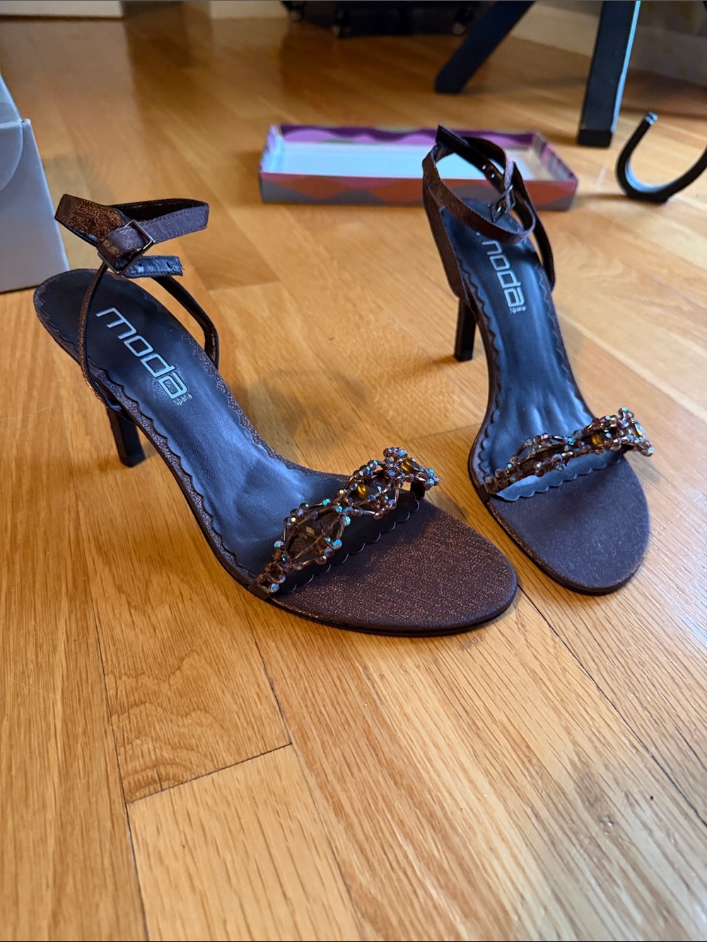 Moda Brown Beaded Ankle-Strap Heels